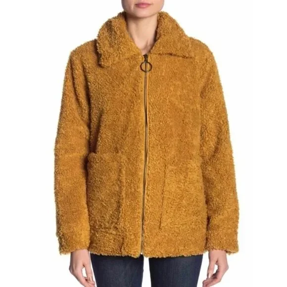 Madden Teddy Bear Jacket Size L Mustard Full Zip Pockets Lined Long Sleeve - Picture 2 of 13